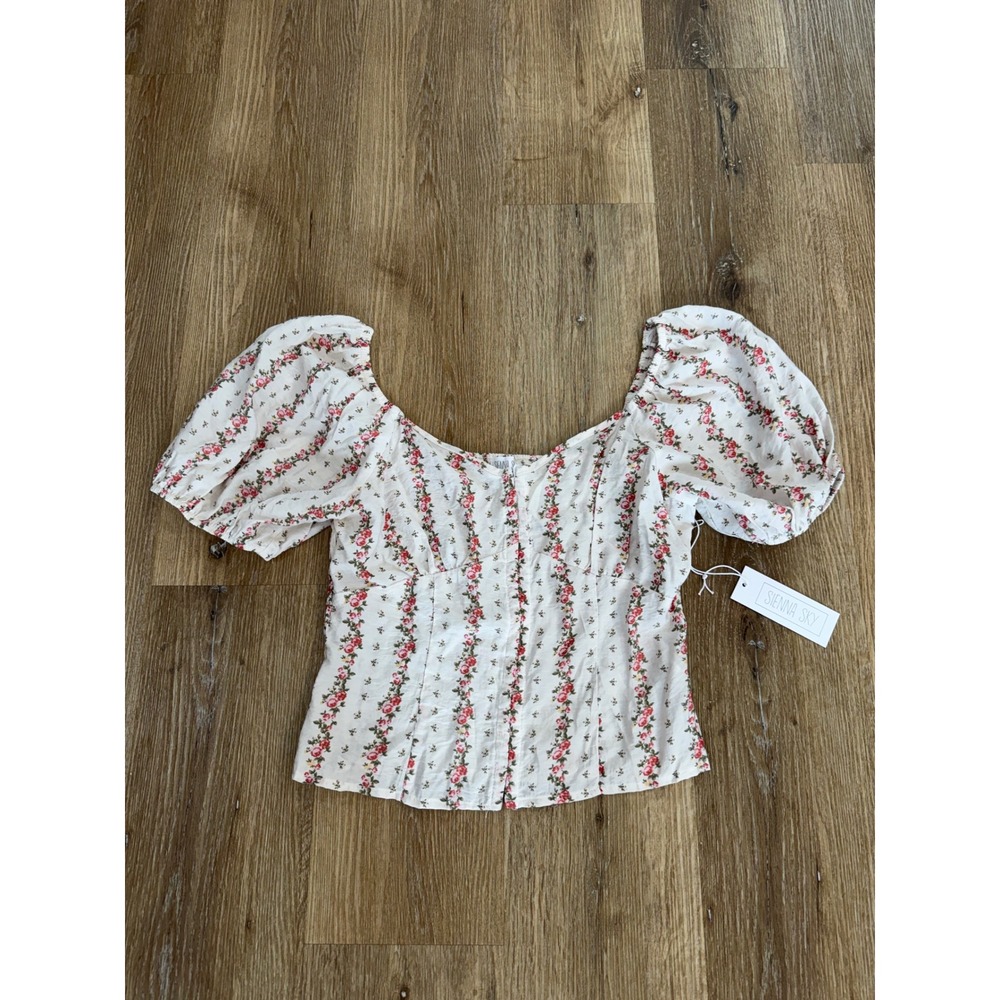 Womens L Milkmaid Cream Floral Puff Sleeve Smocked Cottagecore Top Prairie Boho